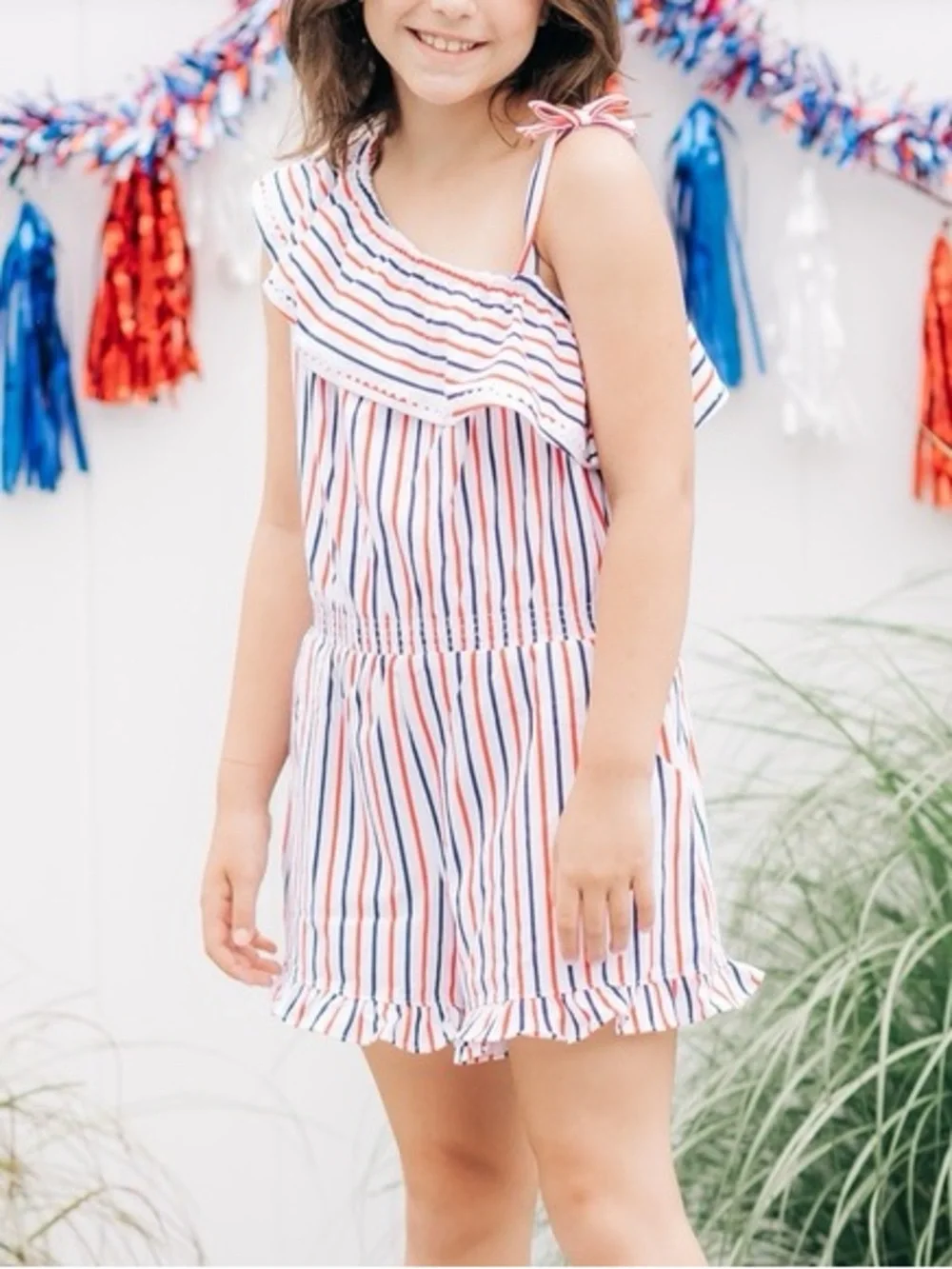 Janie & Jack Red White & Blue Striped Ruffle Romper, Size 8
